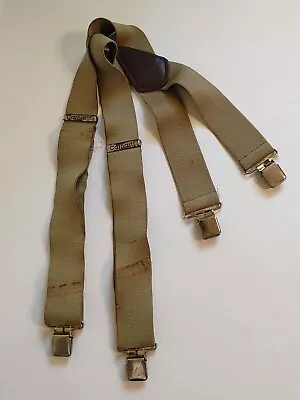 Vintage Carhartt Khaki Suspenders Clip On Adjustable Stretchy 2  Wide Leather • $14.40