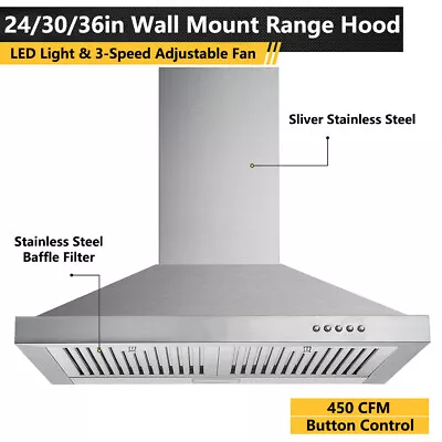 24/30/36 Inch Wall Mount Range Hood 450CFM Stove Cooking Fan 3-Speed W/LED NEW • $113.99