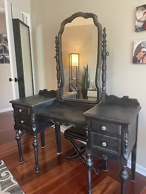 Antique Vintage Black Wood Vanity Table Mirror And Seat • $300
