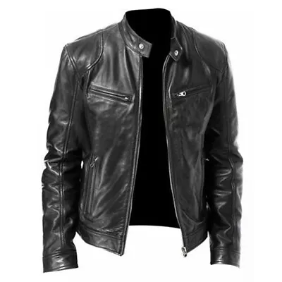 Cafe Racer Biker Leather Jacket Black & Brown Artificial Soft Sheep Skin Leather • $33