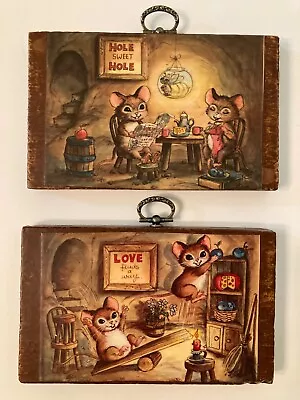 Vintage Mouse House Plaques On Wood Anthropomorphic Mice Decoupage Picture Pair • $21.50