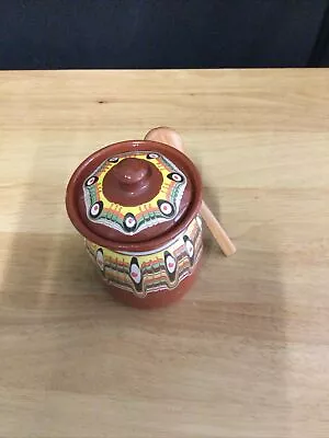 Glazed Brown Pottery Jam Honey Pot 6 Inch With Wooden Spoon • £5