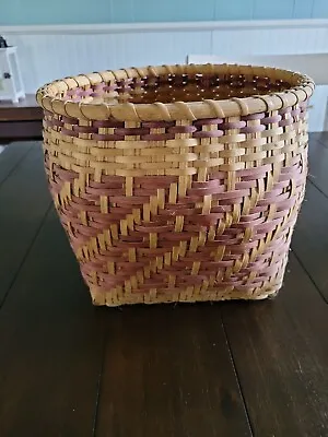 LARGE Hand Woven Oval Gathering Basket Multicolor Tan And Burgandy  • $16
