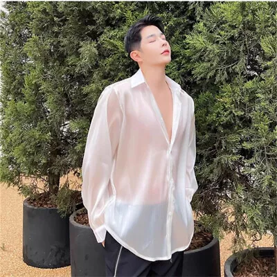 Korean Long Sleeved Loose Casual Shirt Top Perspective Shirt Coat Mens Youth Fas • $34.40