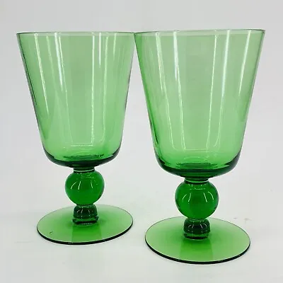 Water Goblets Americana Green By Morgantown ? Pair 5 5/8” Ball Stem Blown Glass • $24.99