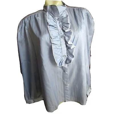 Vintage 1980s Womens Secretary Blouse Large Blue Necktie Top Shirt Adamaia Shiny • $12.15