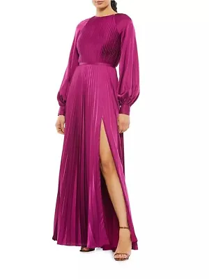 Ieena For Mac Dugal High Neck Pleated Gown Long Sleeve Satin Berry Sz 4 • $249