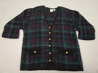 $16.95 • Buy Boundary Waters Sweater Womens 1X Blue Plaid Wool Blend Cardigan Pockets V-Neck