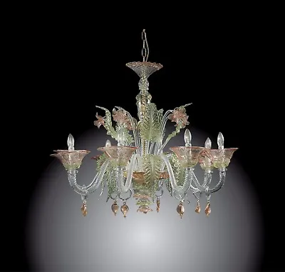 $1930 • Buy Elegant Murano Glass Chandelier 8 Light Green, Pink, Gold And Crystal