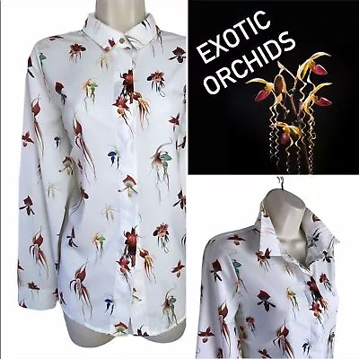 H & M Exotic Orchid Print Satin Cream Collar Button Down Long Sleeve Shirt 12 • $24.98