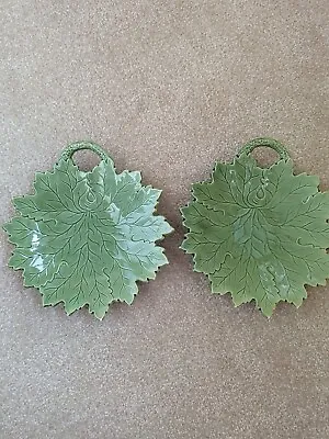 Vintage Set Of 2 Majolica Green Leaf With Handle Plates Germany 8.75  • $32.80