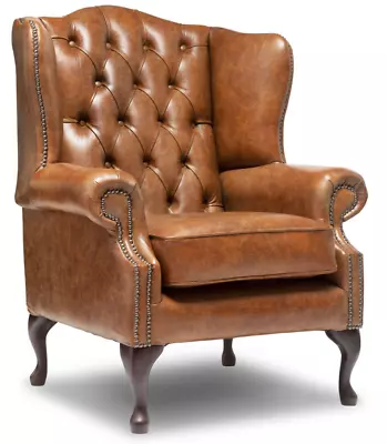 FAST DELIVERY Chesterfield Highback Classic Chair Genuine Vintage Tan Leather • £699.99
