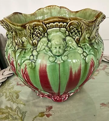 Antique Majolica Jardiniere Cherubs Pottery Large Round Flower Pot • $175