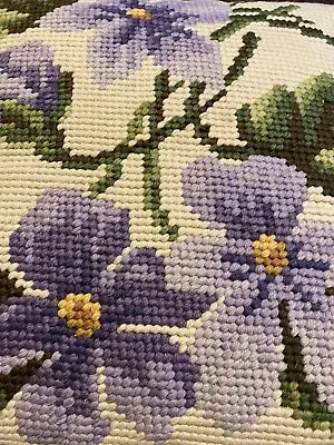 Vintage Needle Point Wool Floral Purple Pansy Leaves Green Velvet Pillow 17 X 17 • $26.99