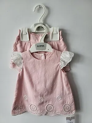 *BNWT* M&S Pretty Baby Girls Pink Cotton Dress Set With Shorts 0-3 Months • £9.99