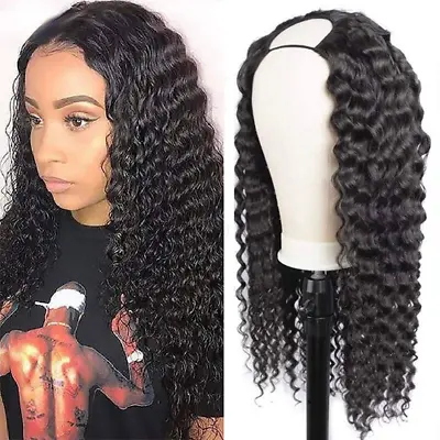 Deep Wave U Part Wig Brazilian Deep Curly V Part Human Hair Wigs  Non Curly Remy • £93.91