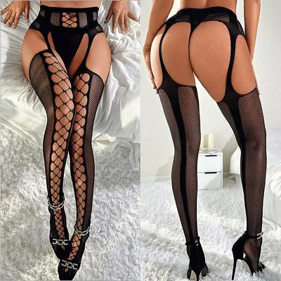 $9.87 • Buy Sexy Fishnet Open Crotch Suspender Tights Lace Up Crotchless Gusset Stockings