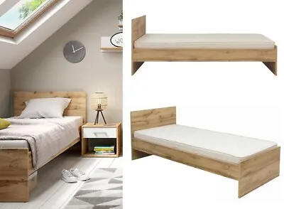 Single Bed Frame Euro 90cm Headboard Solid Wood Slats Kids Oak Effect Zele • £179.95