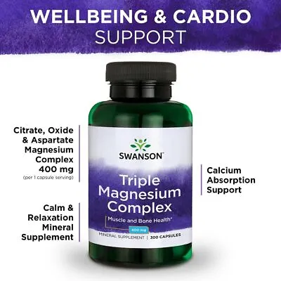 SWANSONs Triple Magnesium Complex Capsules 400mg 30/100/300  Muscle &Bone Health • £6.25