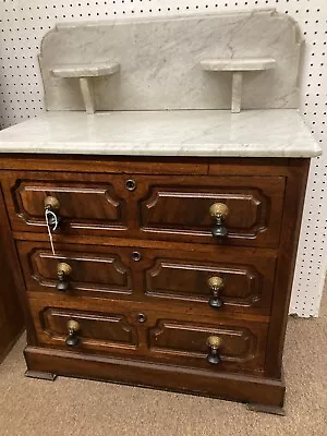 Walnut Victorian Three Drawer Marble Top Bachelor’s Chest Dresser Washstand • $395
