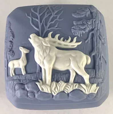 VTG Blue And White Ceramic Trinket Box Moose Deer Forest Scene 3  X 3  X 1.5  • $12