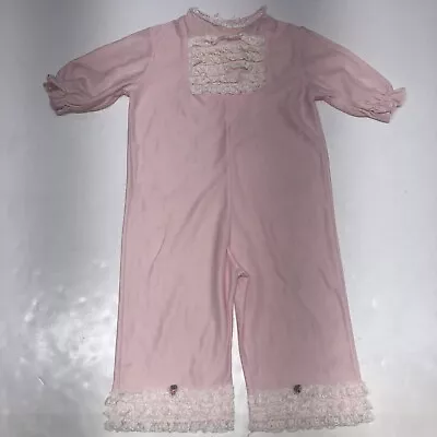 Vintage Pink Baby Girl Romper One Piece Long Sleeve Pants Lace Trim Pemay * • $7.88