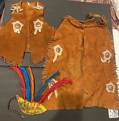 Vintage Western Costume Childs Suede / Leather Cowboy Chaps And Vest Head Dress • $75