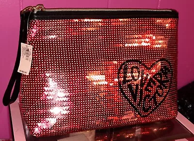 Victoria's Secret  LOVE VICTORIA  Sequin Cosmetic Bag Pink Striped Bling NEW! • $12
