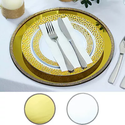 2 Pcs 13  Round Mirror Glass Charger Plates With Rhinestone Rim Wedding Supplies • $31.58