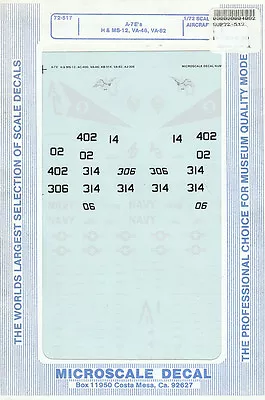 1/72 MicroScale Decals Navy A-7E Corsair VA-82 VA-46 H & MS-12 72-517 • $15.95