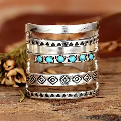 Boho 925 Silver Ring For Women Turquoise Rings Handmade Carved Jewelry Size 6-10 • $4.08