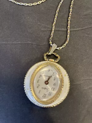 VTG Sheffield Ladies Pendant Watch Windup White Enamal Gold Stars Chain Working • $16