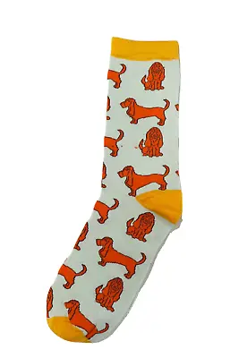 Basset Hound Mens Unisex Novelty Socks Size UK 7-11 Pale Green With Mustard Trim • £4.99