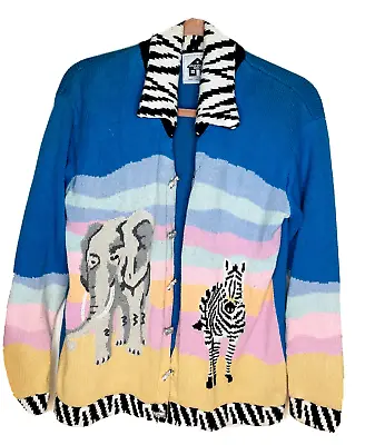 Vtg Storybook Knit Women's Cardigan Sweater Elephant Zebra Animal Buttons Sz Med • $65