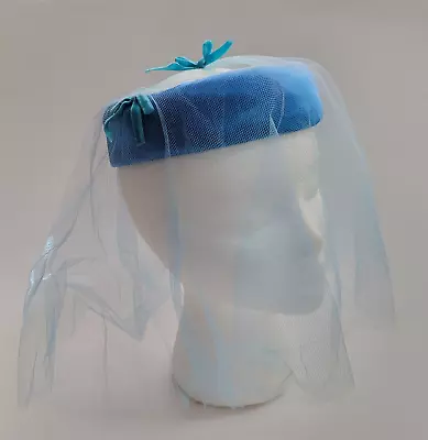 Vintage Blue Satin Fascinator Halo Ring Hat With Blue Netting Velvet Bows • $12.99