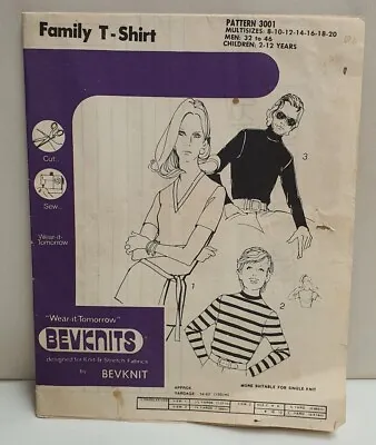 Vintage Bevknits Family T-Shirt Pattern 3001 Multisizes 8-20 Men 32-46 Kids 2-12 • $6.44