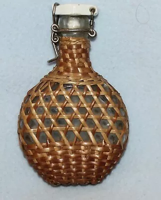 Rare Vintage Wicker Cane Covered Flask Glass Bottle Small Flat Round 5  X 3   • $65