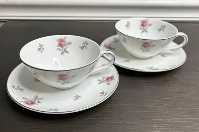 Meito China ROSE CHINTZ Two Cup And Saucer Sets Pink Roses Silver Trim • £12.30