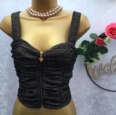 New Lipsy Size 6 Zip Front Crop Top Black Bronze Evening Party Bustier Cocktail • £16.13