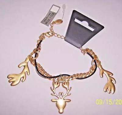 Pilgrim Matte Gold Moose  W/ Two Antler Silhouettes Charm Bracelet Nwt • $35