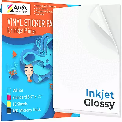 Printable Vinyl Sticker Paper For Inkjet Printer Glossy White 15 SelfAdhesive • $17.88