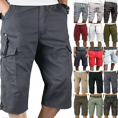 Men Elastic Waist Cargo Three Quarter Pants Combat Shorts 3/4 Long TrousersЙ • $20.88