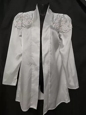 Vintage Flora Nikrooz Bridal  Robe Short White Satin Pearls Embroidery Open S • $19.90