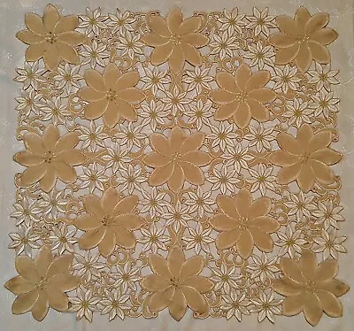 Vintage Christmas Decoration Poinsettias Cut Embroidery Beige Square Tablecloth • $21