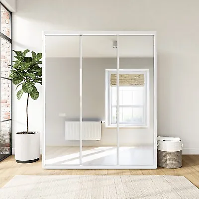 Wardrobe 3 Mirrored Doors White Gloss With Metal Handles Adjustable Shelving • £509.92