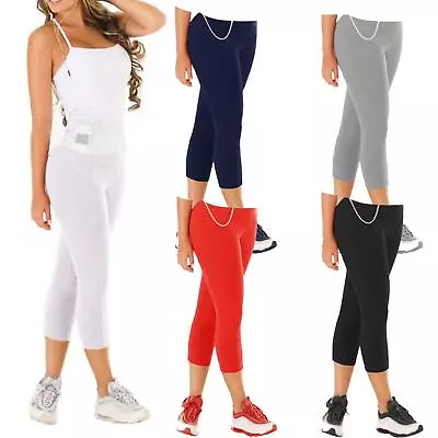 Womens Cropped Cotton Leggings Capri Length Elastic Waist Stretchy Summer Shorts • £8.35