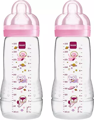 330ml Twin Pack MAM Easy Active Baby Bottles Fast Flow Size 3 Teats Pink • £16.70