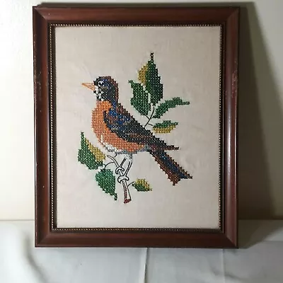 Vintage Needlepoint Tapestry Red Robin Bird Flowers Framed Picture Finished  • $18.99