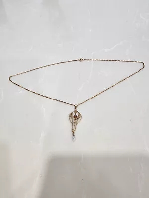 Antique 10K Lavalier Necklace/ Pendant Citrine Center And Pearl Drop At Bottom • $120