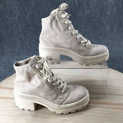 H & M Boots Womens 36 Divided Ankle Booties Heels Lace Up CA42271 Beige Canvas • $24.99